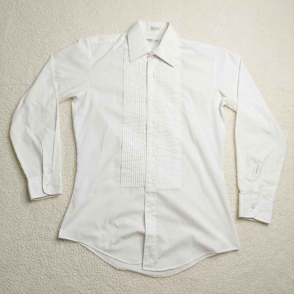 Vintage Monte Carlo White Tuxedo Button Down Shirt Made in Korea Size S2 14-14.5
